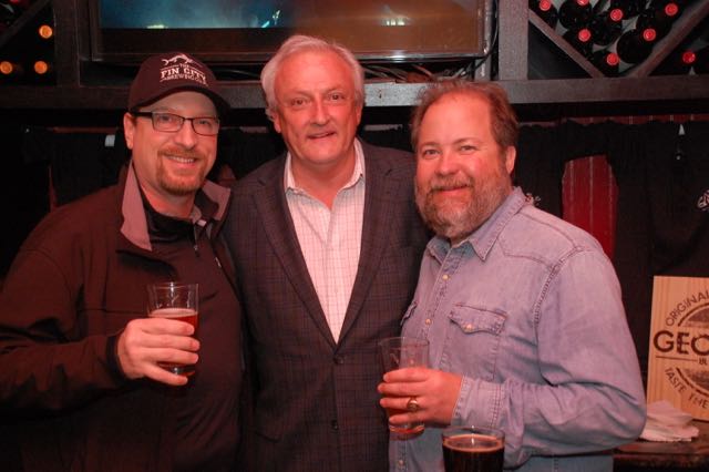 Vince Wright of Fin City Brewing just released his newest locally brewed beer at the Globe. He enjoys one of them here with Sen. Jim Mathias, John Knorr of Evolution Craft Brewing after the announcement of Febrewary: Maryland Craft Beer Lovers Month. (Courtesy: Shore Craft Beer)
