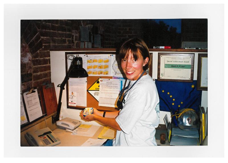 1999, Dry Tortugas National Park. "We had just excavated a hatched loggerhead turtle nest and found leucistic turtle. (We were in the Chief of Maintenance's work space, so that explains why there is a plaque for Mark Foster on the half wall!)"